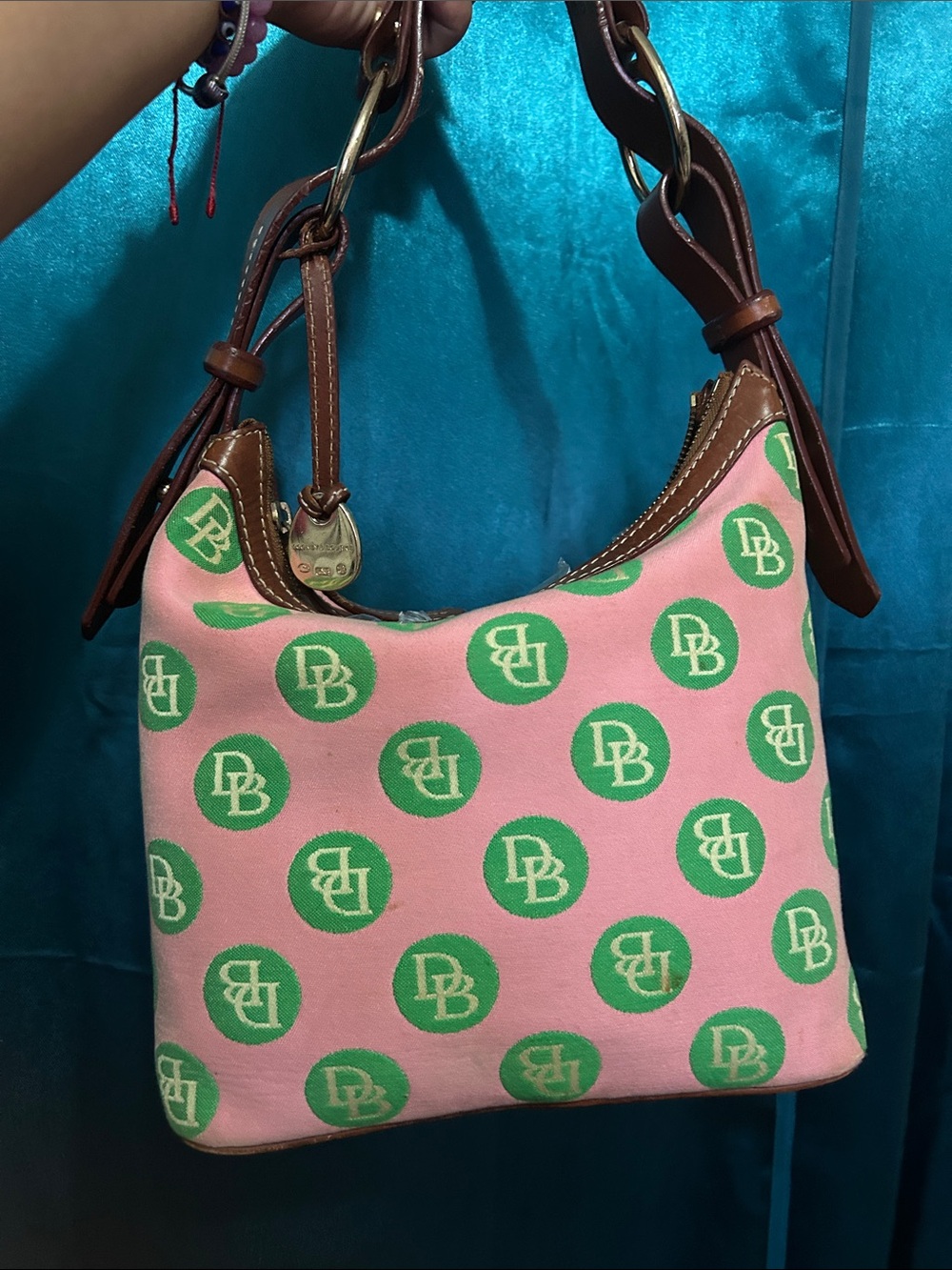 Dooney & Bourke Pink and Green Shoulder Bag with Brown - Picture 3 of 8